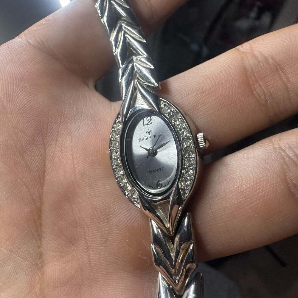 Bella & Rose Women's Silver Tone Quartz Watch with Rhinestone Bezel and Chevron